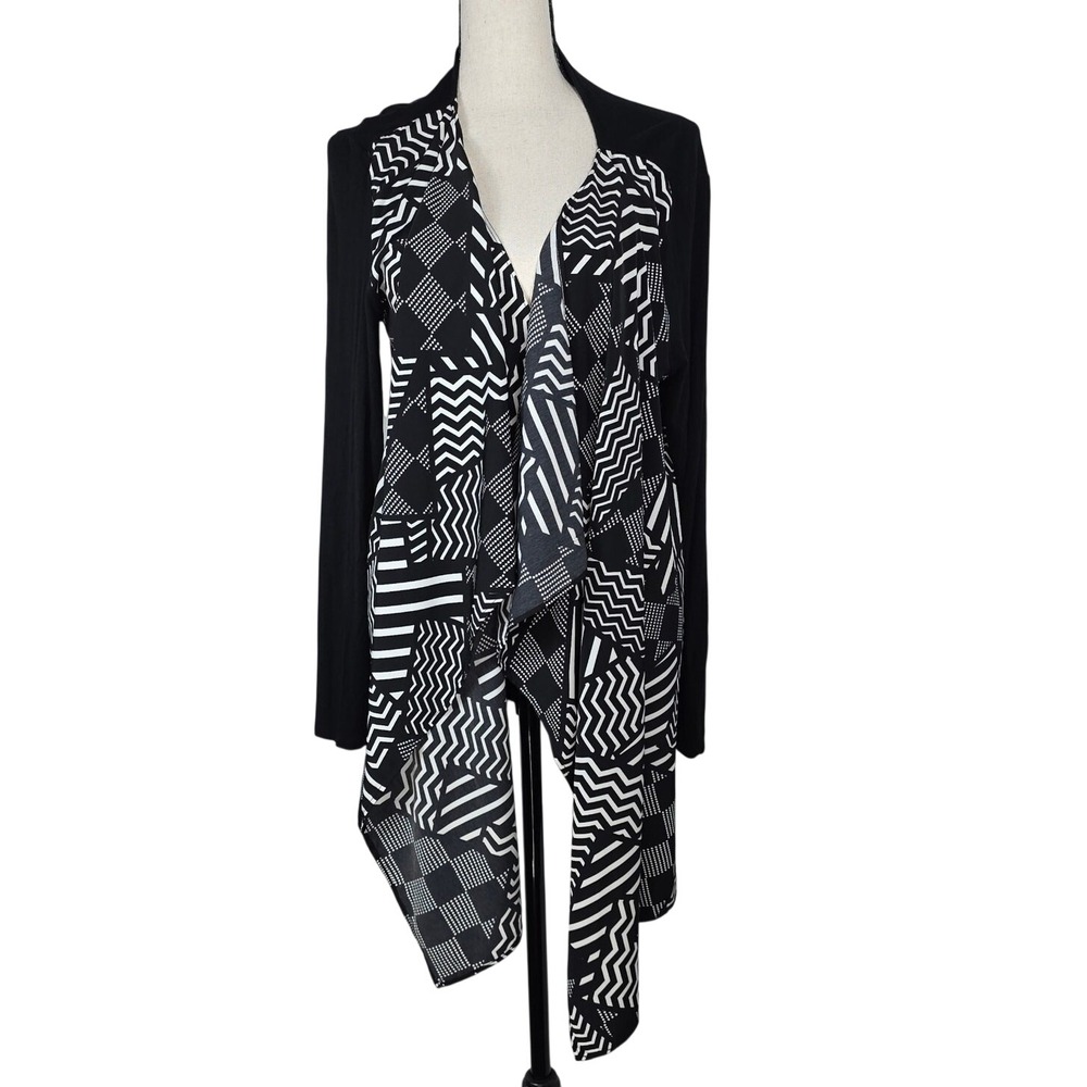 Style & co Cardigan Geometric Black White Draped Open Front Large Casual, Modern